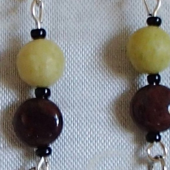 Pietersite Lemon Jade Frog Handcrafted Gemstone Sweeper Earrings Toad Lily Pad - Picture 7 of 7